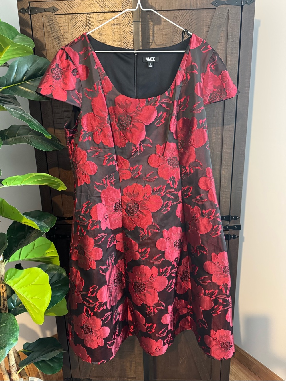 SLNY Black Dress with Red Floral Jacquard